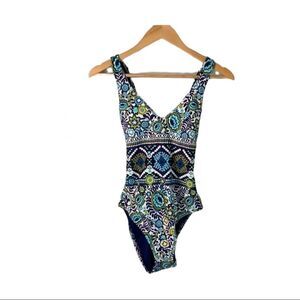 MOSSIMO swimsuit padded bra V-neck high legs strappy back floral design Small